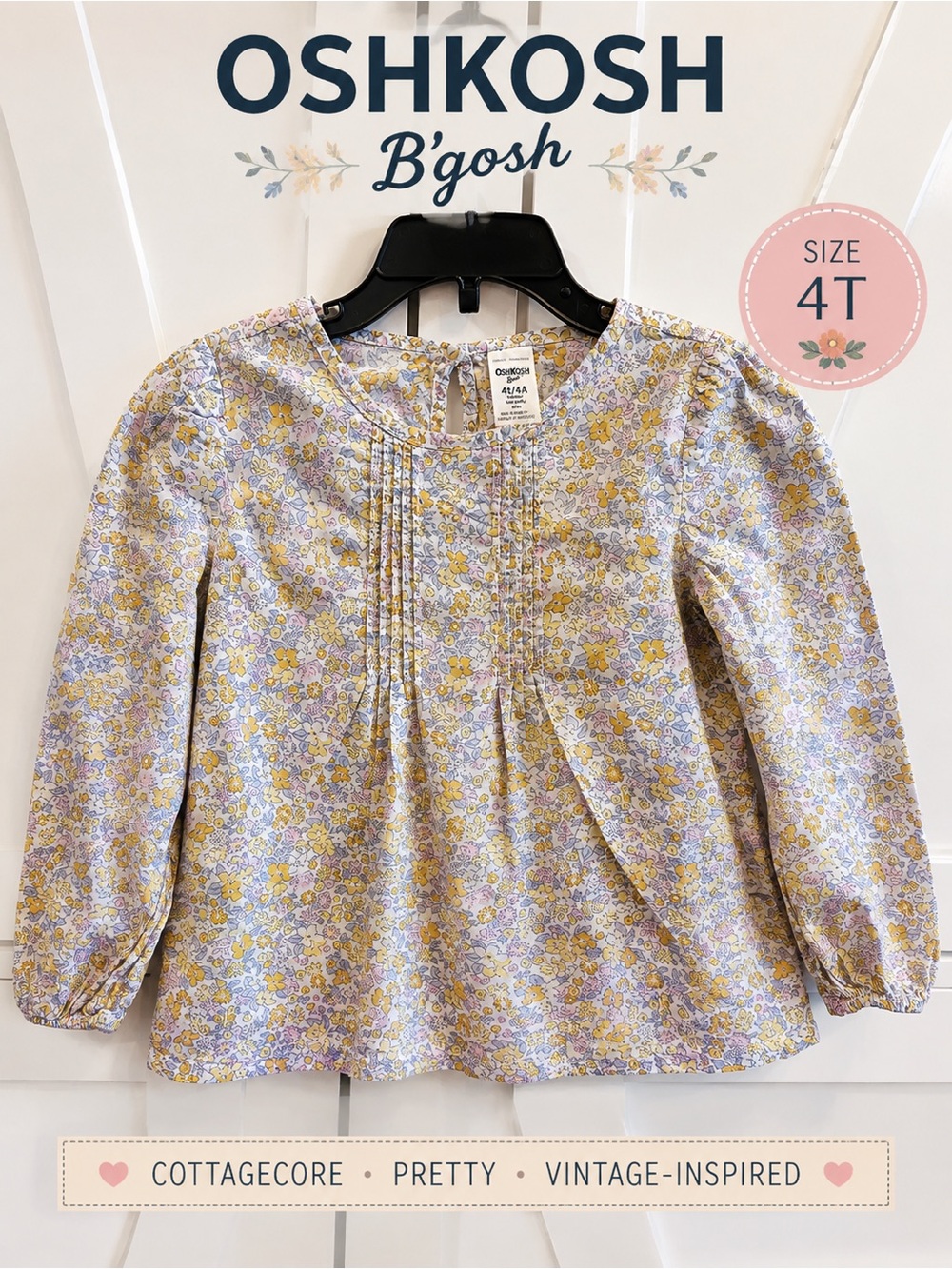 OshKosh B’gosh Girls Floral Pintuck Blouse 4T Cottagecore Long Sleeve